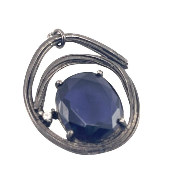 Gerard Yosca Signed Designer Circle Pendant With Blue Faceted Stone Swirl Design - Picture 8 of 9